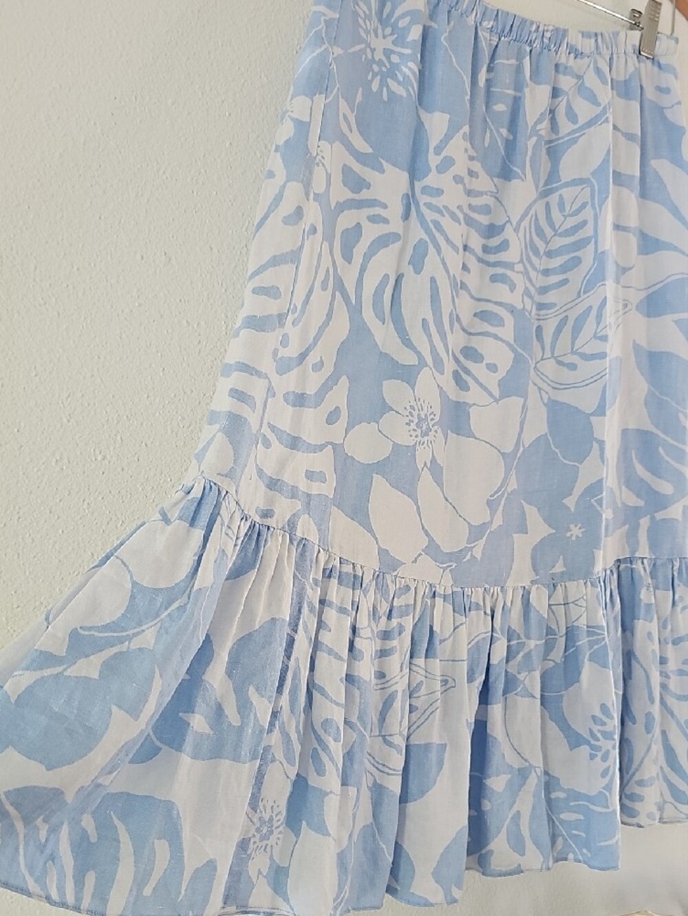 Tommy Bahama Blue White Tropical Palm Rio Linen Ruffle Tiered Midi Skirt - Picture 4 of 7